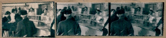 Contact print photos Berlin Treptow Altglienicke, butcher shop Lebsa, counter, 3 photos approx. 4x2 cm