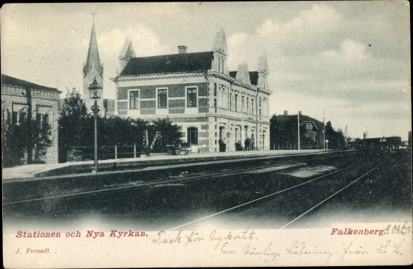 Postcard Falkenberg Schweden, the Station and the New Church