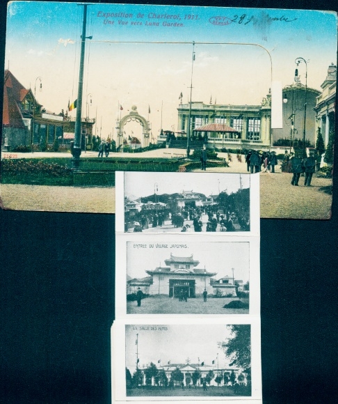 Leporello Postcard Charleroi Wallonia Hainaut, exhibition 1911, Luna Garden, Japanese village