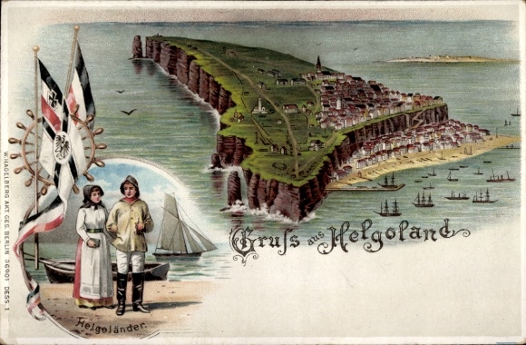 Chromo-Litho Helgoland, general view of the island, Helgolanders, flags