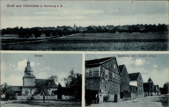 Postcard Hainichen Thuringia, church, guesthouse, total view