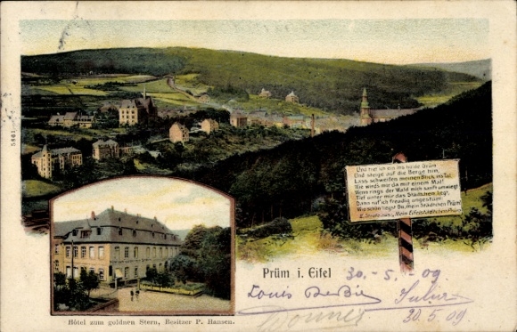 Postcard Prüm in the Eifel, general view, Hotel zum goldenen Stern