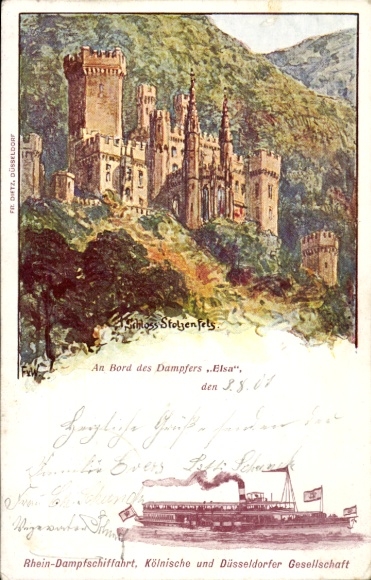 Artysta KP Stolzenfels Koblenz nad Renem, Zamek Stolzenfels, parowiec Elsa, Kolonia-Düsseldorfer Ges.