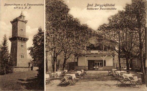 Ak Berggießhübel in Saksen, Bismarcktoren, Restaurant Panoramahöhe, buitenterras, bomen