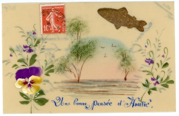 Celluloid Postcard pansies, trees, fish, kitsch