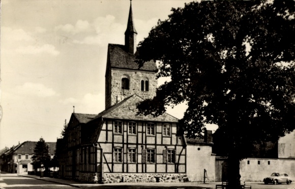 Postcard Bismark in the Altmark, market with church