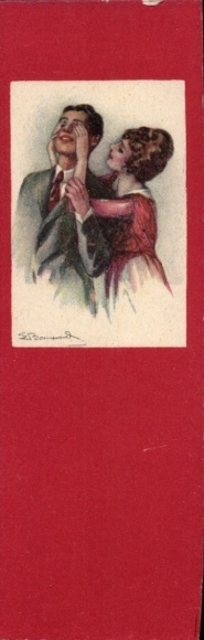 Artist Postcard Bompard, Sergio, Lovers, Woman covers man's eyes