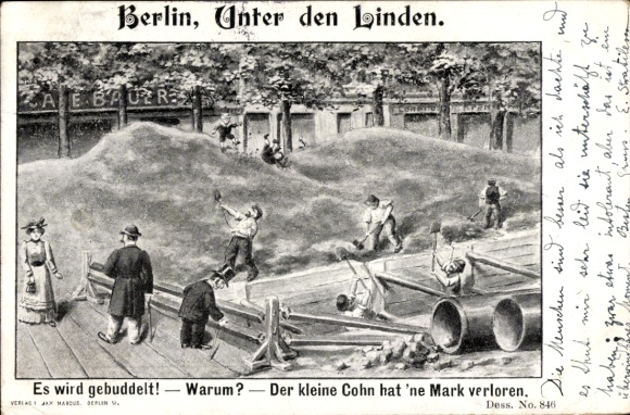 Judaica Postcard Berlin, Unter den Linden, Digging is underway, Little Cohn has lost a Mark