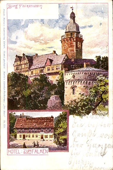 Kunstenaarskaart Bahndorf, Heribert, Falkenstein in de Harz, kasteel Falkenstein, Hotel zum Falken
