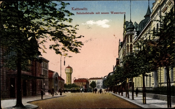 Postcard Katowice Kattowitz Upper Silesia, Bahnhofstrasse, New Water Tower