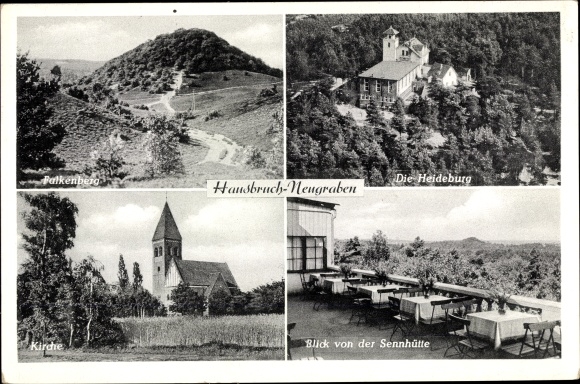 Postcard Hamburg Harburg Hausbruch Neugraben, Falkenberg, Heideburg, church, view from the Sennhütte