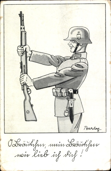 Artist Postcard Barlog, Wehrmacht soldier, rifle, soldier humor