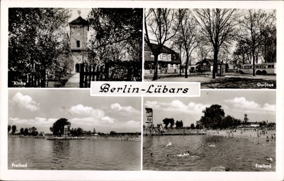 Postcard Berlin Reinickendorf Lübars, church, village meadow, outdoor pool