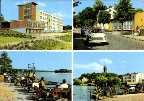 Feldberg in Mecklenburg, hotelgebouw, weg met auto, meer met bankjes, kerk op de achtergrond