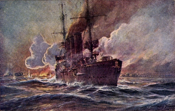 Artist Postcard Stöwer, Willy, SMS Emden bombards Madras, cruiser, Imperial Navy, I. WK