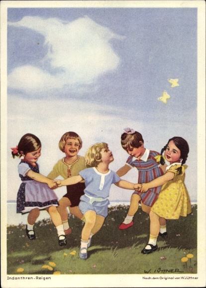 Artist PC Jüttner, W., advertisement, Indanthren textiles, children dancing