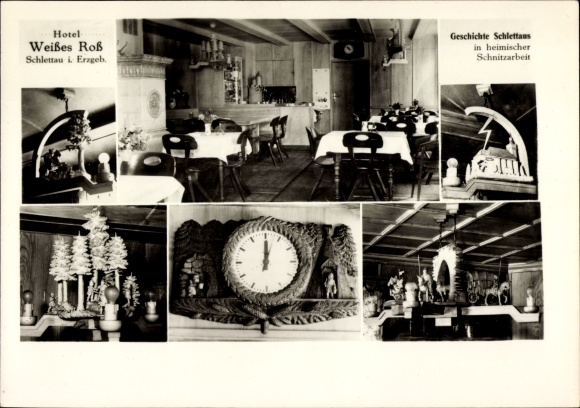 Ak Schlettau in het Ertsgebergte, Hotel Weisses Ross, eigenaar Reinhard Schlegel, houtsnijwerk, klok