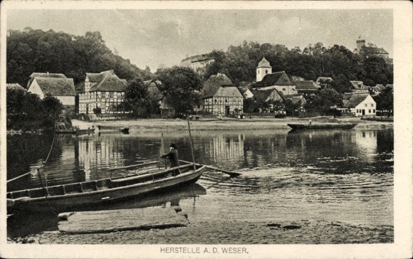 Postcard Herstelle Beverungen North Rhine Westphalia, Weser, partial view, ferry boat