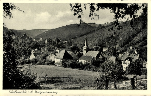 Postcard Schalksmühle in Sauerland, morning mood, overall view from the field, church