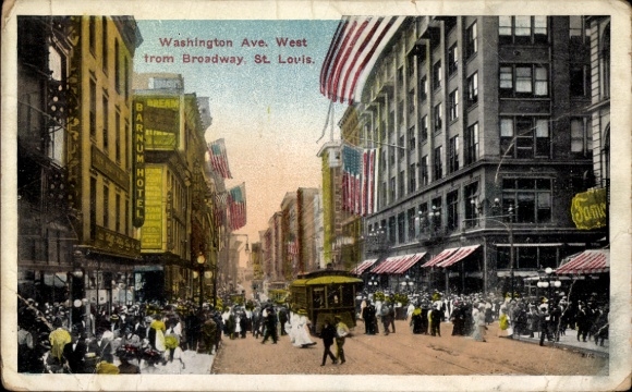 Ak St. Louis Missouri USA, Washington Avenue West, vanaf Broadway