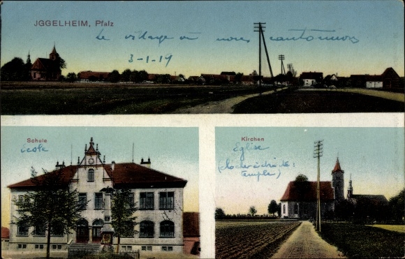 Ak Iggelheim in der Pfalz, school, kerken, uitzicht op de stad