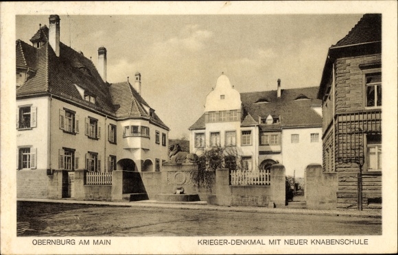 Postcard Obernburg, war memorial with a new boys&#39; school