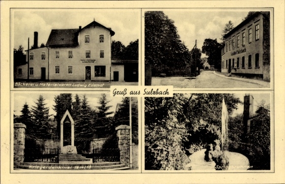Postcard Sulzbach Apolda Weimarer Land Thuringia, bakery Ludwig Edelhof, war memorial, fountain