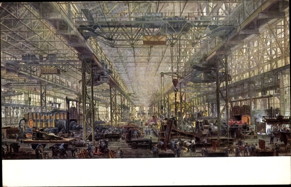Kunstenaarskaart Essen in het Ruhrgebied, gietstaalfabriek, staalgieterij, Martinwerk, Krupp AG