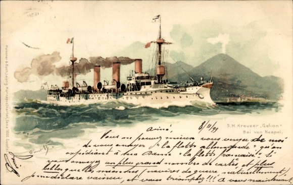 Kunstenaar litho Bohrdt, Hans, Napoli Napels Campania, Duits oorlogsschip, SMS Gefion, kruiser