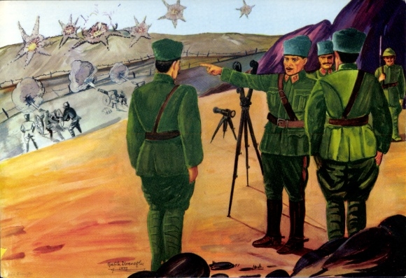 Artist Postcard Battlefield, soldiers in uniforms, Turkish army, artillery