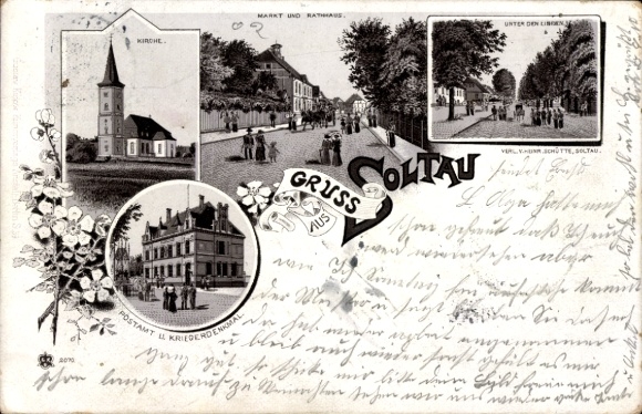 Chromo-Litho Soltau Lüneburg Heath Lower Saxony, church, market, town hall, post office, war memorial