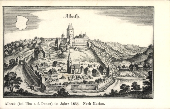Ak Albeck Langenau in Württemberg, Gesamtansicht im Jahr 1663