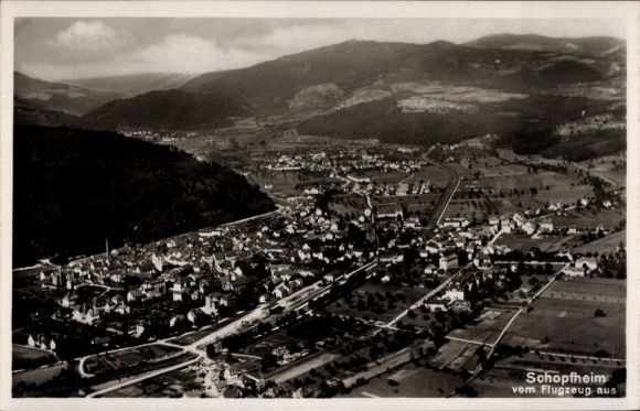 Postcard Schopfheim in Baden, aerial photograph of representation from a bird's eye view