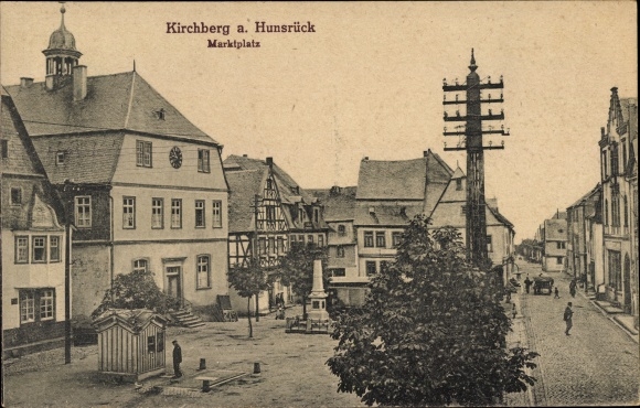 Postcard Kirchberg im Hunsrück, market square, monument