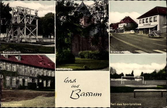 Postcard Bassum in Lower Saxony, Bad, Stiftskirche, Bremerstraße, hospital, sports field