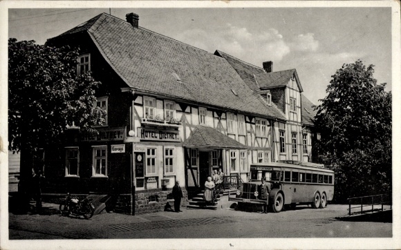 Postcard Burbach im Siegerland, Hotel Dilthey, bus, motorcycle