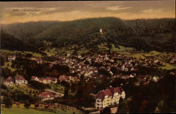 Postcard Bad Liebenzell in the Black Forest, landscape, houses, forest, tower