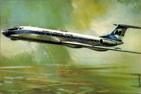 Kunstenaar Ak Tupolev TU 134, 1969, Hongaars passagiersvliegtuig, Malev Airlines