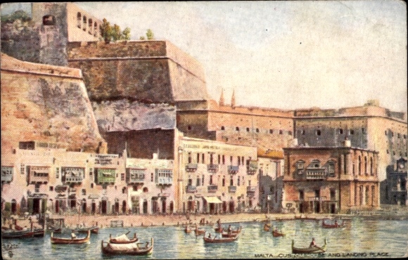 Artist Postcard Malta, Customs House and Market Square at the Harbor