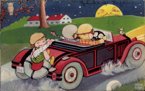 Kunstenaarskaart Boriss, Margret, auto, uil, maanlicht, Amag 0323