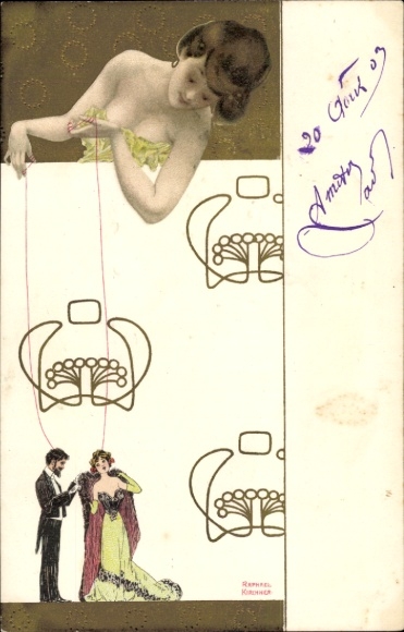 Art Nouveau kunstenaar litho Kirchner, Raphael, vrouw met poppen, elegant koppel