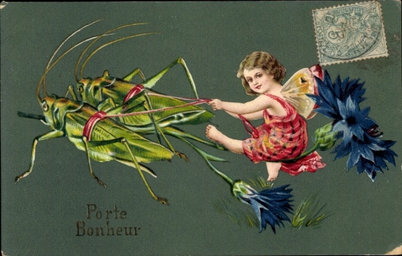 Postcard lucky charm, grasshoppers