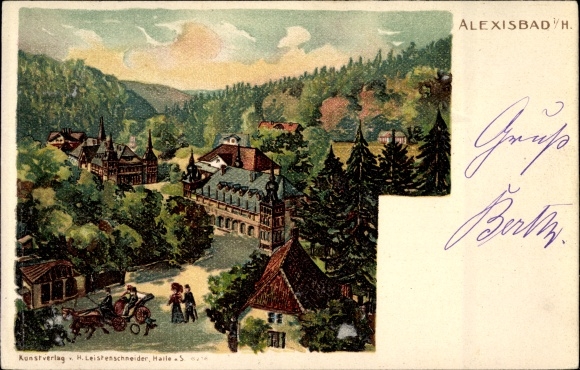 Litho Alexisbad Harzgerode in Sachsen Anhalt, Straßenpartie mit Kutsche, Gebäude