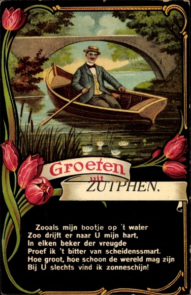 KP Zutphen, Mężczyzna w łodzi wiosłowej, Tulipany, Zoals mijn bootje op 't water...