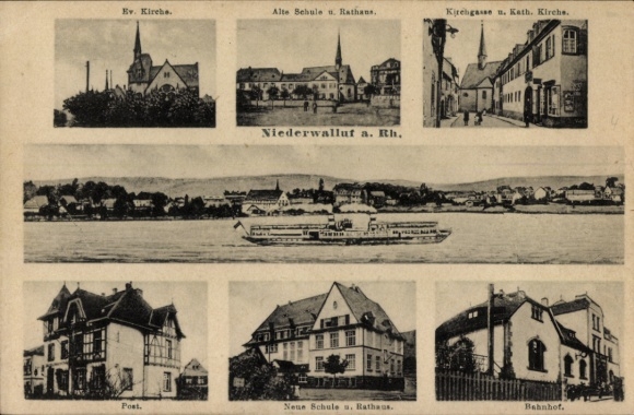 Ak Niederwalluf Walluf am Rhein, Bahnhof, Kirche, Alte Schule, Rathaus, Post, Kirchgasse