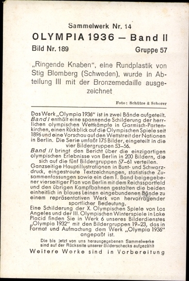 Sammelbild Olympia 1936, Plastic Ringing Boy von Stig Blomberg
