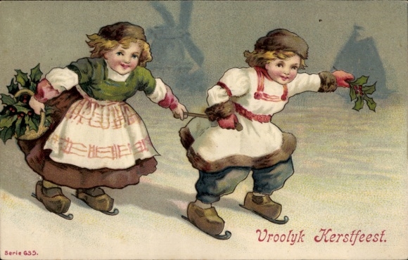 Embossing Chromo-Litho Congratulations Christmas, children in traditional costumes ice skating, holly branches