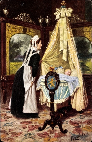 Artist PC Gerstenhauer, Johann Georg, nanny looks at sleeping baby in the cradle