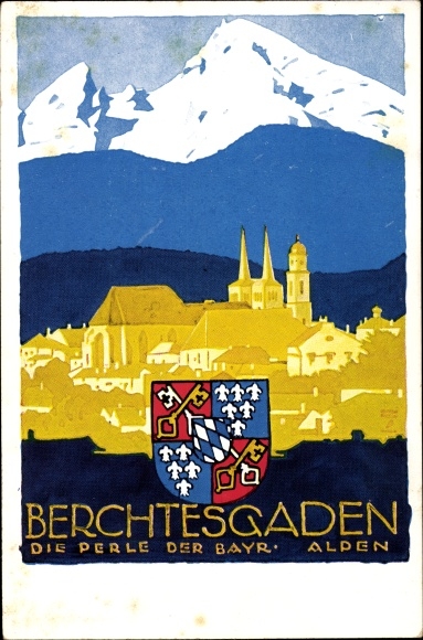 Coat of arms PC Berchtesgaden in Upper Bavaria, village with a view of the landscape