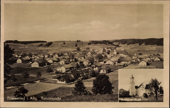 Postcard Friesenried in Schwaben, total view, church St. Josef